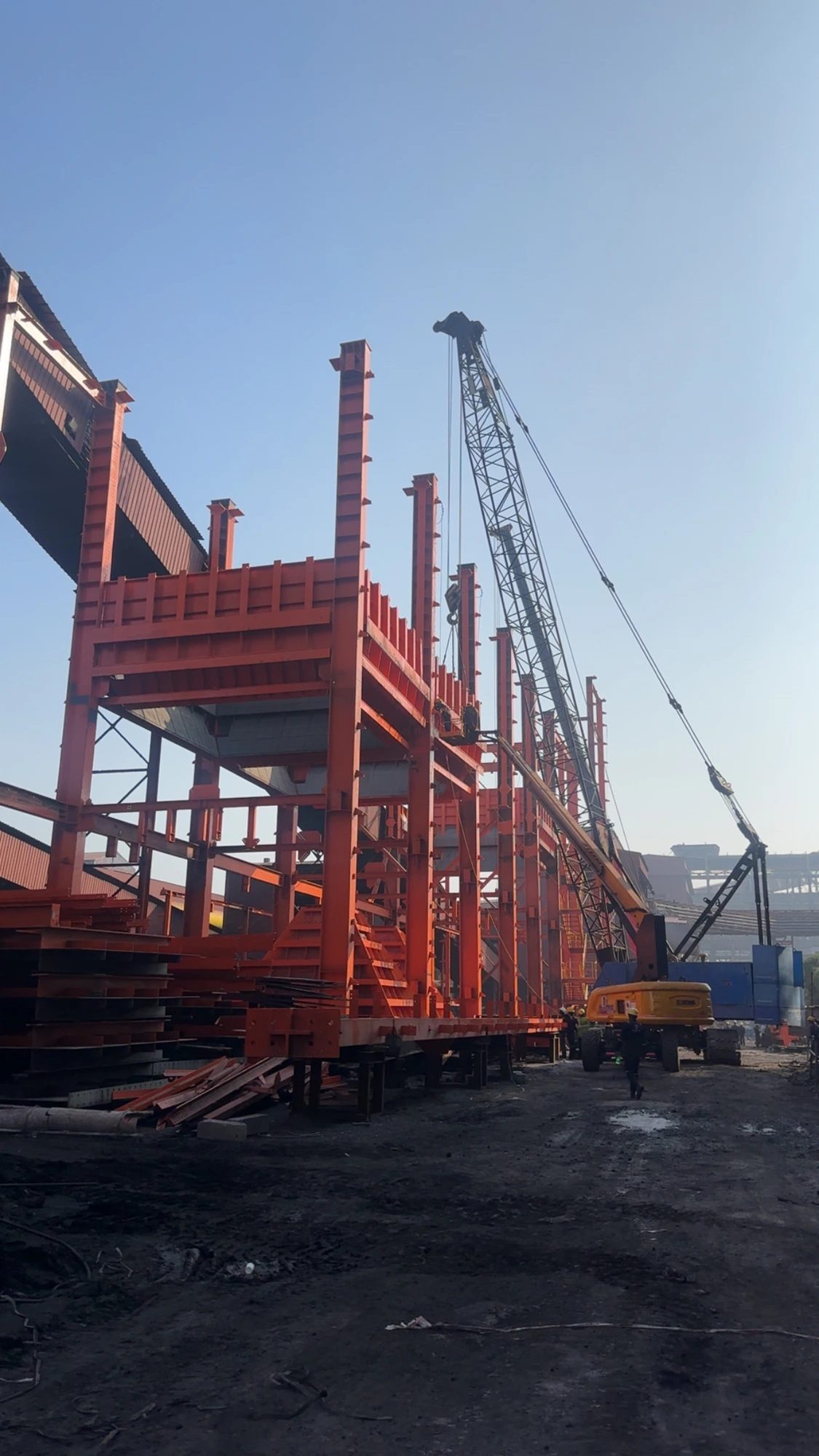 Industrial steel structure under erection